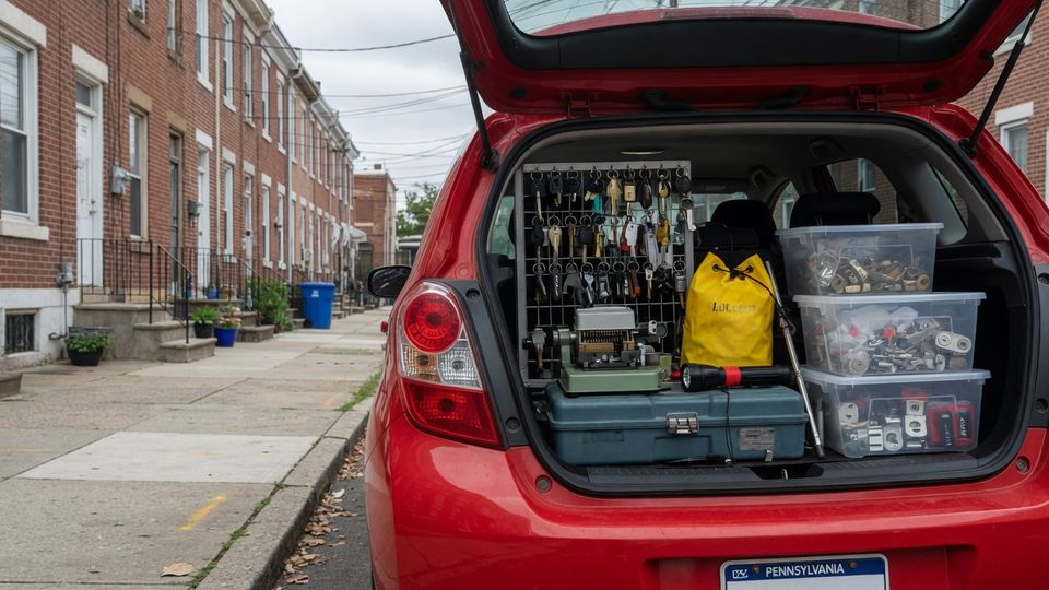 Illustration of a red mobile locksmith vehicle stocked with keys and tools on a Philadelphia street