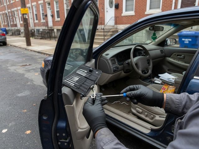 Illustration of a locksmith working on a car door