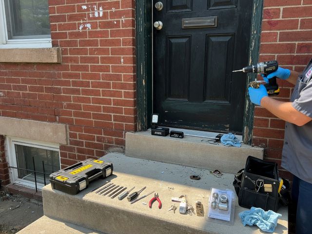 Illustration of a locksmith replacing a home deadbolt