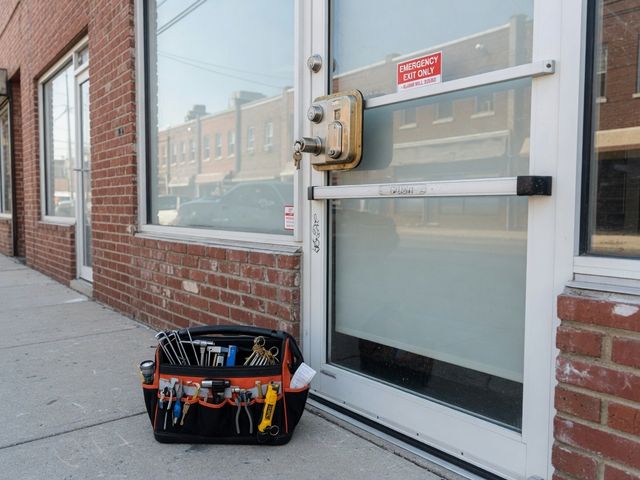 Illustration of a storefront door and locksmith tools